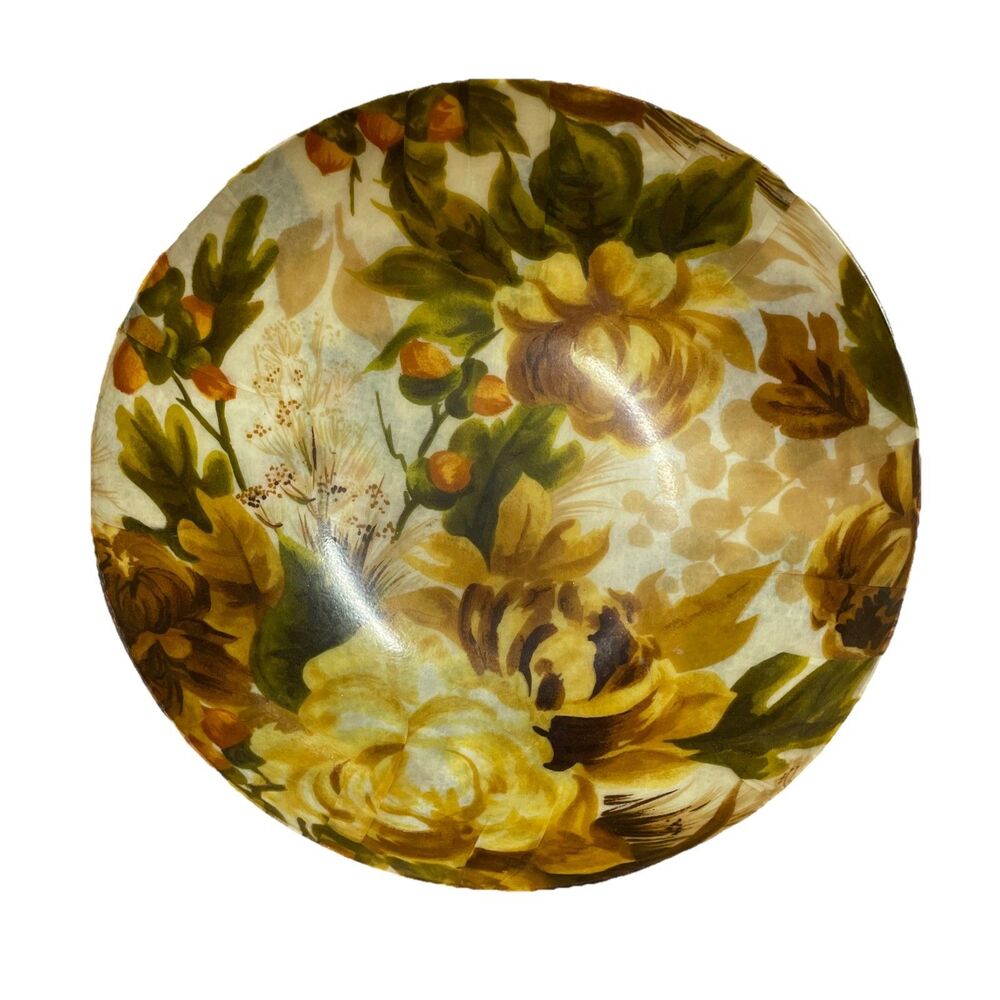 Vintage MCM Mid Century Fiberglass Bowl Large 14" Diameter Yellow Floral Fall